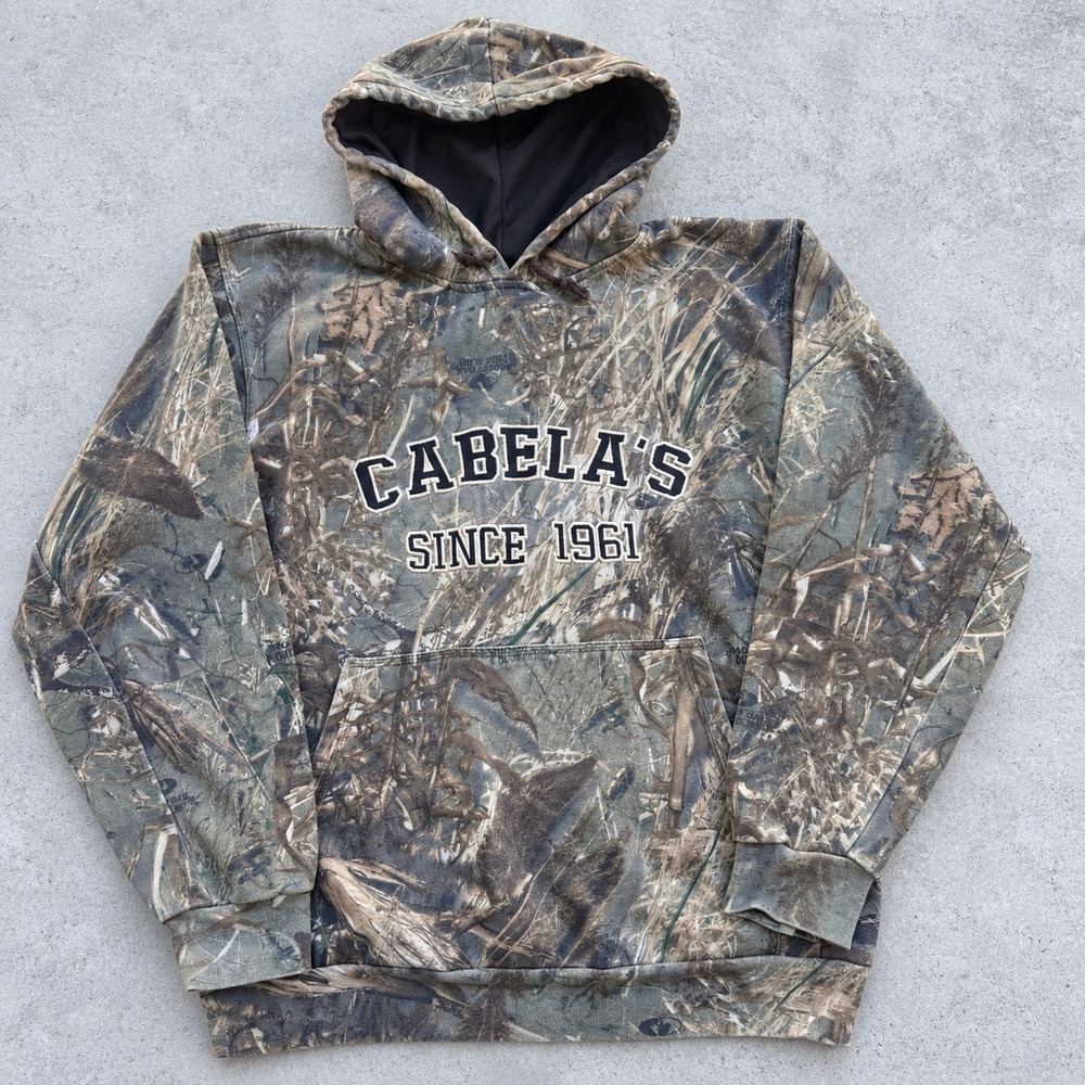 Cabelas Large Mossy Oak Duck Blind Camo Hoodie Embroidered Logo Heavyweight 90s